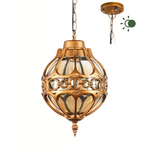 Dusk to Dawn Gold Outdoor Pendant Lighting for Porch Patio Garage, Vintage Globe Aluminum Hanging Lentarn Lights Fixture Outside Waterproof Rust-Proof Exterior Ceiling Lamp with Amber Glass