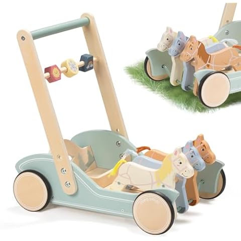 Wooden Baby Walker for Boys Girls Ages 1-3, Galloping Ponies Push and Pull Activity Walker Adjustable Speed, Baby Push Walker for Toddler Kids Motor Skills & Creativity Cover