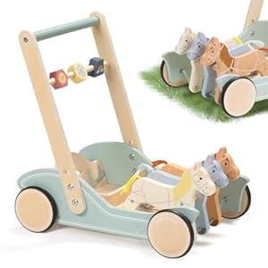 Giant bean Wooden Baby Walker for Boys and Girls, Galloping Ponies Push and Pull Learning Activity Walker, Baby Push Walker with Wheels Montessori Toys Develops Motor Skills & Stimulates Creativity
