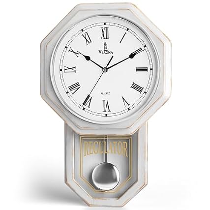 White Pendulum Wall Clock Real Wood Regulator Clock Rustic, Farmhouse Schoolhouse Design 18 x 11