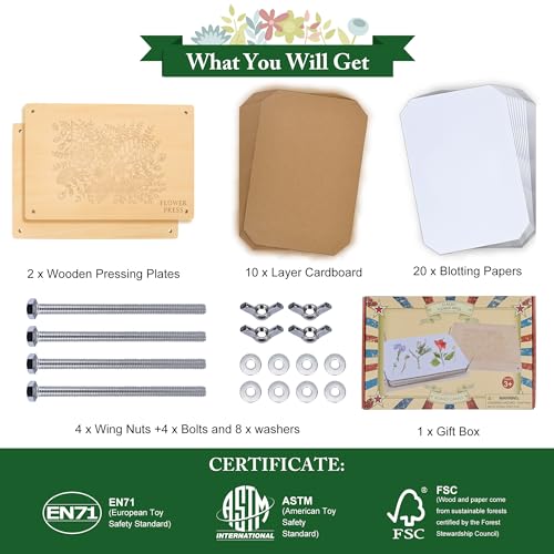 YUROZAC Wooden Flower Press Kit for Drying Flowers & Leaves | 11.8 x 8.3 Inch, DIY Nature Craft Flower Pressing for Kids Adults, Artists - image 3