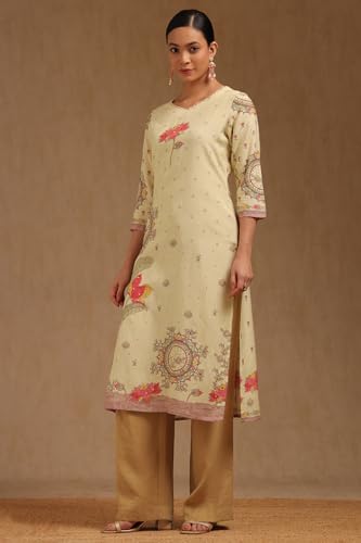 Image of Soch Womens Linen Floral Print Kurta with Beads