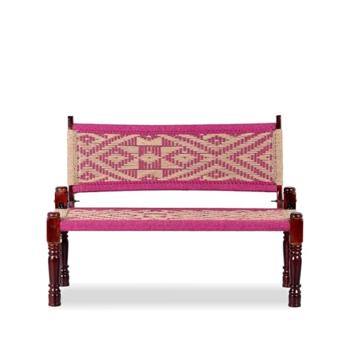Image of Srima Wooden Bench for Living Room | Handcrafted Sheesham Wood Backrest Bench for Balcony & Garden | Traditional Rajasthani Patio for Outdoor with Cotton Handwoven Rope | Pink & Beige