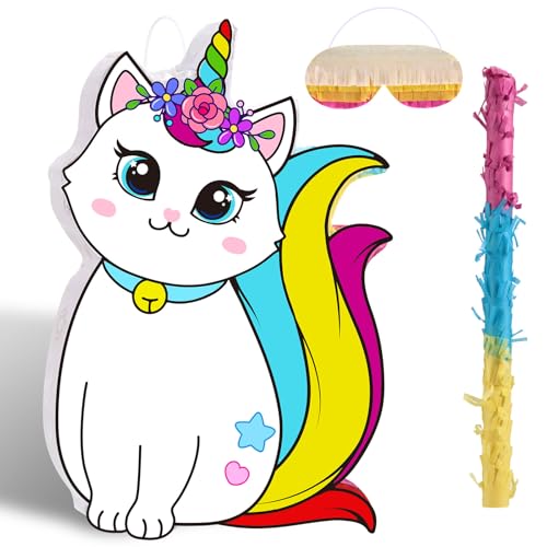 Aoriher Unicorn Cat Piñata with Blindfold and Bat, Caticorn Unicorn Cat Piñata Birthday Party Supplies for Party Favor Birthday Decorations, 16 x 11 Inch