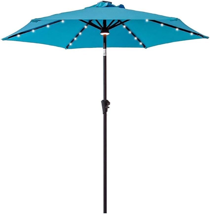 flame&shade 7.5 ft solar powered outdoor market patio table umbrella with led lights and tilt aqua blue