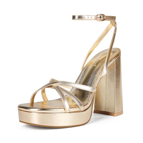 Image of Platform Heels for Women Strappy Chunky Heels Thick High Heel | Lace Up High Heel Sandals Square Open-Toe Tall Wide Block Sandal Wedding Party Evening Prom Dance Dress Shoes