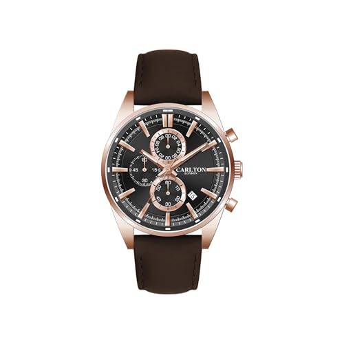 Image of Carlton London Windsor Men Analog Watch, Round Dial, Leather Strap, Quartz Movement, 43 mm Case, Slim Design, Lightweight Comfort, 30M Water Resistant, Casual Formal Wear