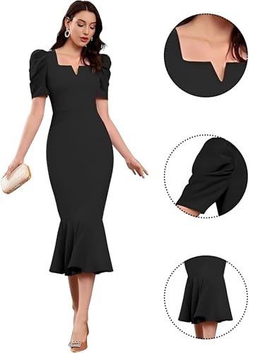 Image of SATPURUSH Women's Lycra Blend Sweet-Heart Neck Puff Sleeve Fit and Flared Calf Length Casual Bodycon Dress for Party, Office, Meetings Etc.