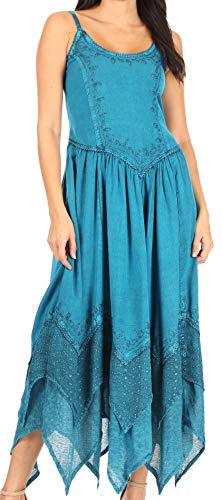 Image of Sakkas Rayon Embroidered Stonewashed Adjustable Spaghetti Straps Long Dress