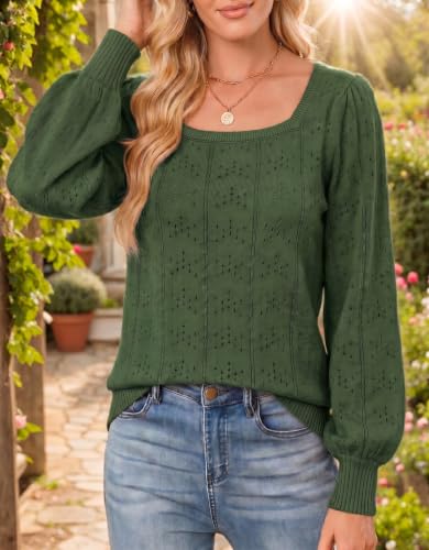 Image of HOTOUCH Sweaters for Women 2026 Fall Trendy Tops Casual Puff Sleeve Square Neck Cute Tunic Pullover Blouses XS-XXL