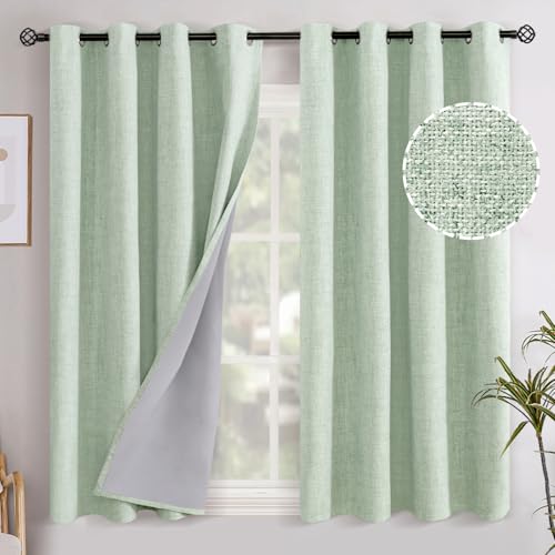 Image of YoungsTex Sage Green Linen Blackout Curtains 45 Inch Length for Kitchen Window, Short Drapes with Grommet Thermal Insulated for Bedroom, 52 X 45 Inch, 2 Panels