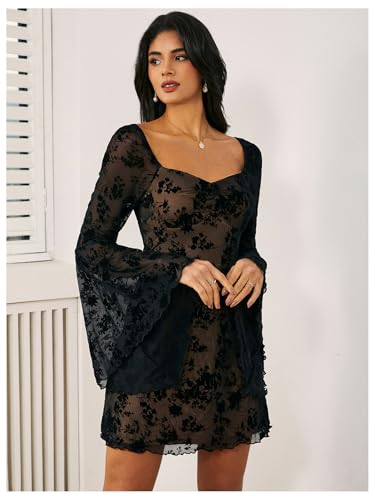 WDIRARA Women's Floral Jacquard Mesh Gothic Dress Bell Long Sleeve A Line Vintage Dresses4