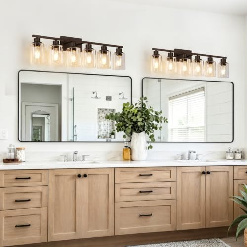 Image of MOKATNG 6-Light Bathroom Light Fixtures, Vanity Light with Clear Glass Shades, Matte Black Bathroom Light Fixtures Over Mirror, Modern Bathroom Wall Lamp for Mirror Living Room Cabinet Bedroom