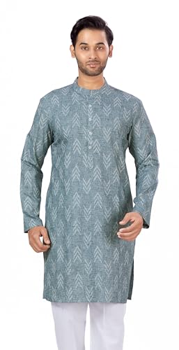 Image of Studio Shringaar Men's Cotton Blend Relaxed Fit Ikat Printed Knee Length Kurta