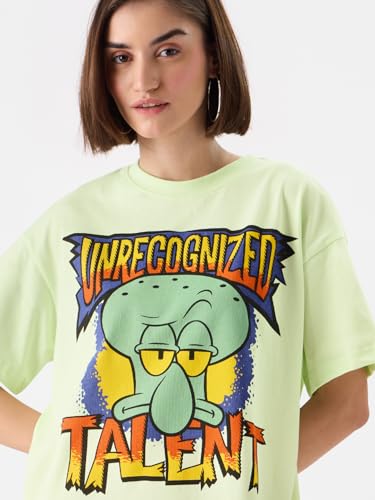 Image of The Souled Store Official Spongebob: Unrecognised Talent Women and Girls Oversize Fit Half Sleeves Graphic Printed Cotton Green Color T-Shirt