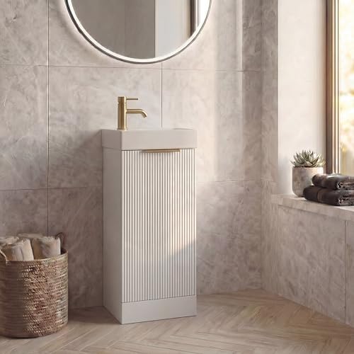 Image of BAYSTONE® Fluted 400mm Bathroom Vanity Unit Ceramic Basin Sink, Cloakroom Storage Furniture Cabinet Floorstanding Cupboard Soft Close, Brushed Brass Handle, White