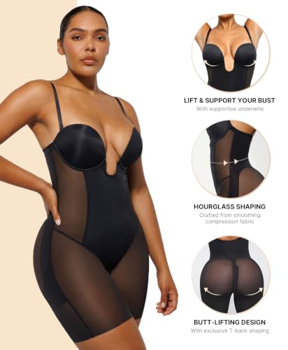 Image of SHAPELLX Strapless Shapewear for Women Deep Plunge Corset Tummy Control Backless Bodysuit Mid Thigh Full Body Shaper