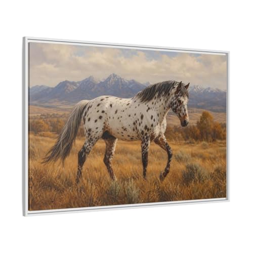 Tableau cheval tacheté marron 120x80 cm avec cadre blanc pour salon