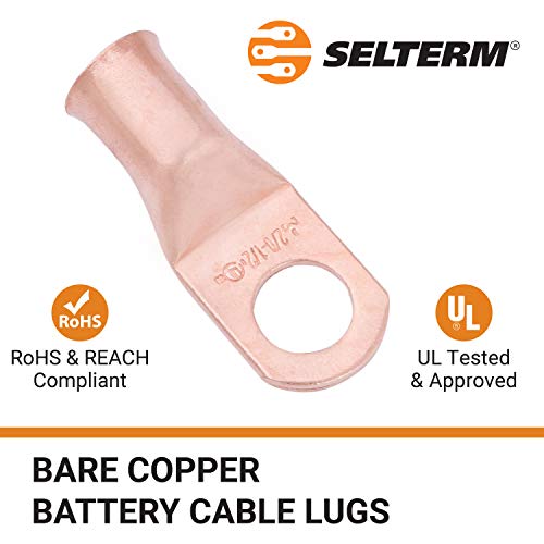 Selterm 5Pcs 2/0 Awg 1/2" Stud Copper Wire Lugs, Battery Lugs, Ring Terminals, Battery Cable Ends, 00 Gaug Ring Terminal Connectors, Ul Heavy Duty Bare Copper Eyelets Battery Terminal Connectors #TOP2