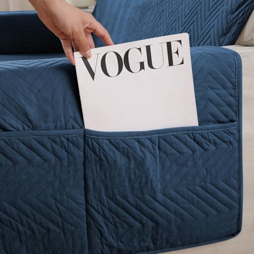 Image of HOKIPO Polyester 2 Seater Quilted Sofa Cover with Pockets, Navy Blue (NEW1-802-NYBL)