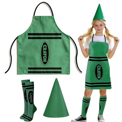 SHEPOODD Crayon Costume Adult 3-Piece Set Unisex Colorful Fancy Dress with Apron Cone Hat & Striped Socks for Halloween World Book Day Christmas Party Group Cosplay