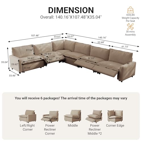Image of 107.48 inch Power Reclining Sofa with Wireless Charging & Heated Seats,Smart Recliner Sectional Couch,Zero Gravity Recliner Sofa,Deep Seat Cloud Couch for Living Room Home Theater,Khaki,6 Seats