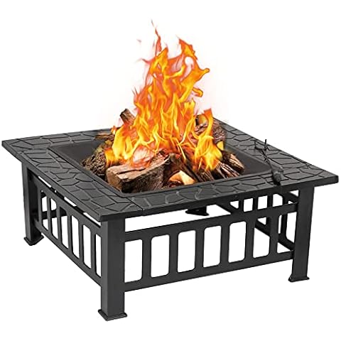 Redeo Outdoor Fire Pit Wood Burning Square FirePit for Outside Backyard Heating BBQ Drink Lawn Decoration (32 Inch) Cover