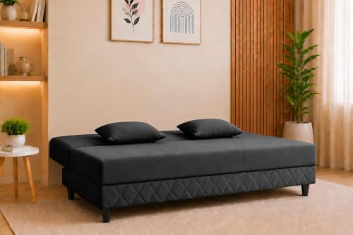 Image of Deco Studio 3 Seater Sofa Bed | Premium Upholstered Velvet Fabric Folding Couch for Living Room, Guest Room & Bedroom | Quilted Backrest with 2 Cushions (Black)