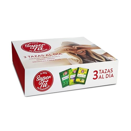 Pompadour - Cofre Reto Super Tú - 3 Variedades de tés e infusiones - Cola de Caballo, Quema-grasa Plus y Delgaxan Fibra Plus - Caja regalo surtido - 80 bolsitas