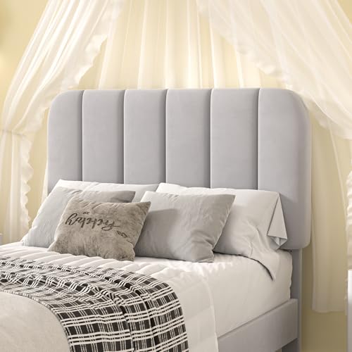 Image of VECELO Twin Size Bed Frame with Upholstered Headboard, Velvet Platform Bedframe Mattress Foundation, Strong Wood Slat Support, No Box Spring Needed,Light Grey