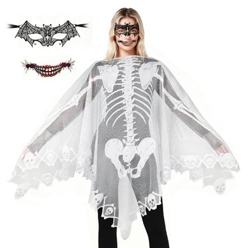 XEPST Poncho Squelette d'Halloween pour Femmes - Costumes du Jour des Morts avec Cape Squelette, Masque de Chauve-Souris, Tatouage Effrayant pour la Bouche...