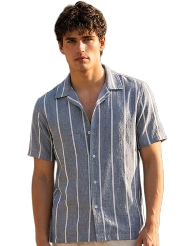 Image of Urbano Fashion Men's Cotton Half Sleeve Relaxed Fit Linen Striped Shirt with Cuban Collar