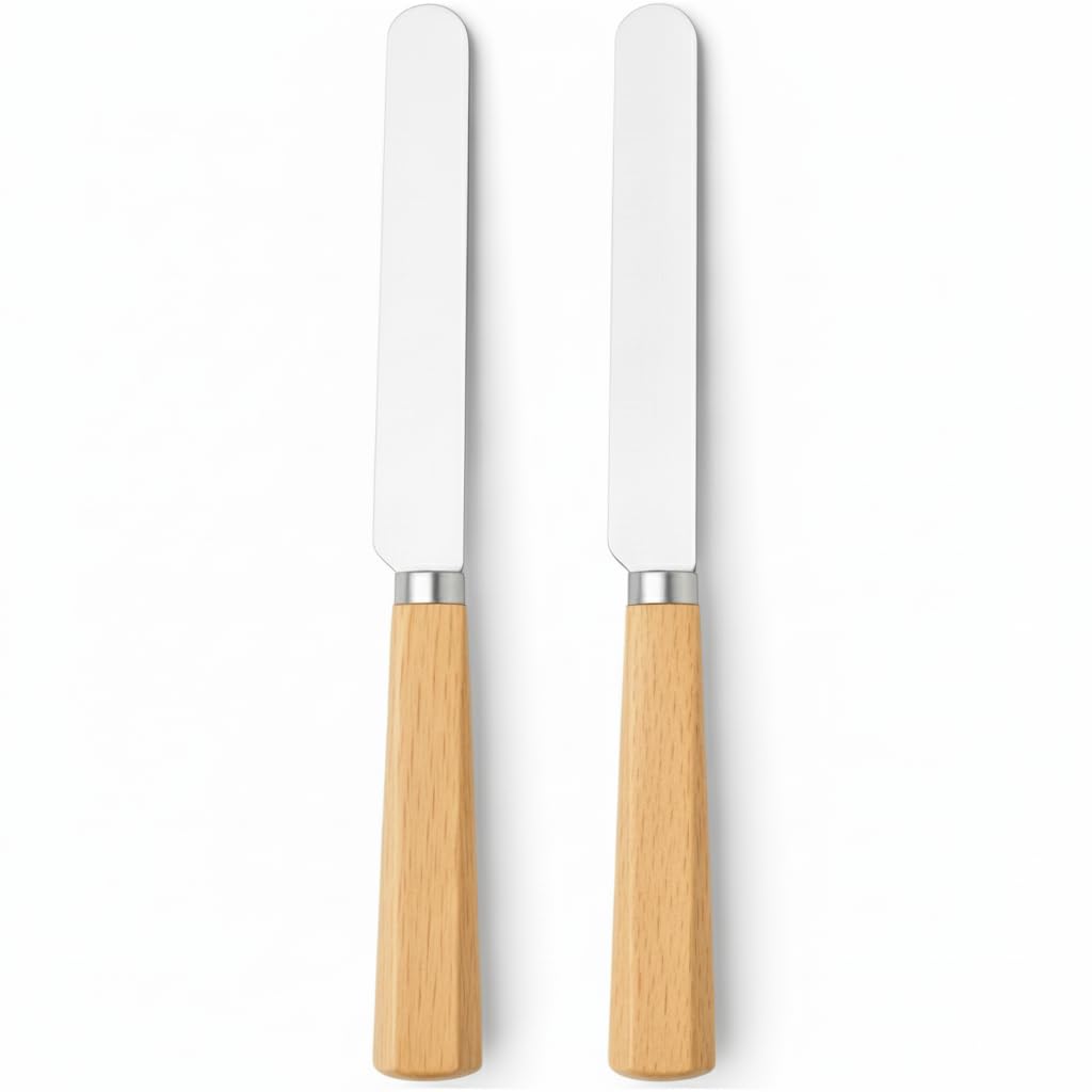 LacusMare Butter Knife Set of 2 – 17.5cm Oak Wood Handle Stainless Steel Butter Knives for Spreading Butter, Jam, Cream Cheese & Soft Cheese – Rustic Wooden Spreader for Toast & Sandwich