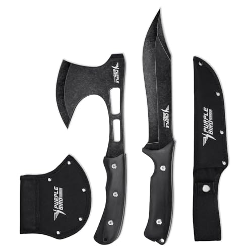 PURPLEBIRD Outdoor Survival Axe & Fixed Blade Knife Set - Full Tang Camping Hatchet and Hunting...