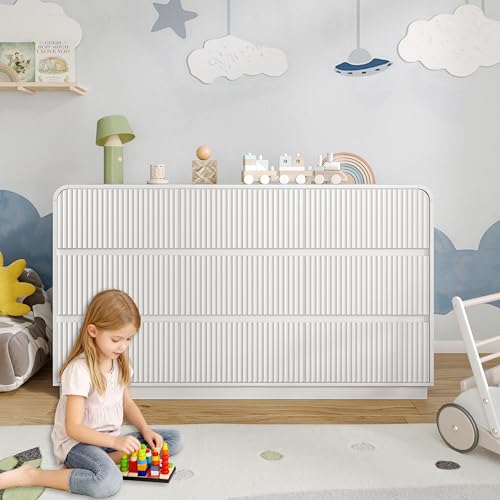 Image of BORNOON Dresser for Bedroom with 9 Drawers, Fluted Chest of Drawers with Round Curved Corner, Hidden Handles, Modern Wood Storage Organizer for Bedroom, Nursery, Living Room
