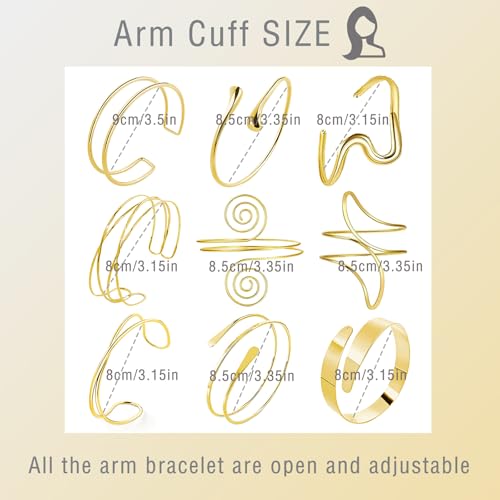 9Pcs Arm Cuff Bracelets for Women Gold Silver Upper Arm Bracelet Adjustable Minimalist Bangle Armband Jewelry Set Open Armlet Cuff Accessories4