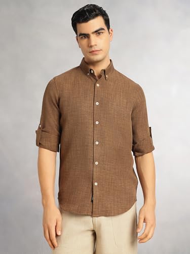 Image of Thomas Scott Men's | Solid | Textured Fabric | Full Sleeve | Slim Fit | Polyester-Blend | Spread Collar | Casual Shirt
