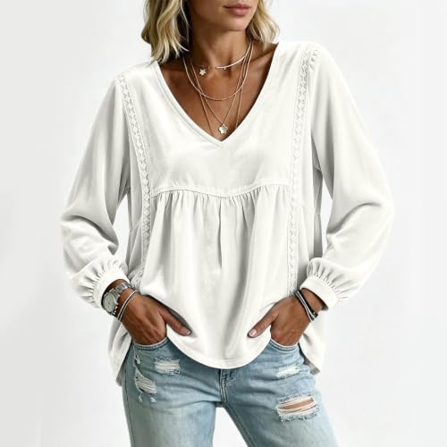 Velvet Top Women Lace Trim Long Sleeve V-Neck Babydoll Velour Shirts - image 6