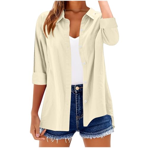 3/4 Length Sleeves Tops for Women Trendy Solid Color Button Lapel Loose Comfy Versatile Shirts All Seasons Blouse Beige Medium