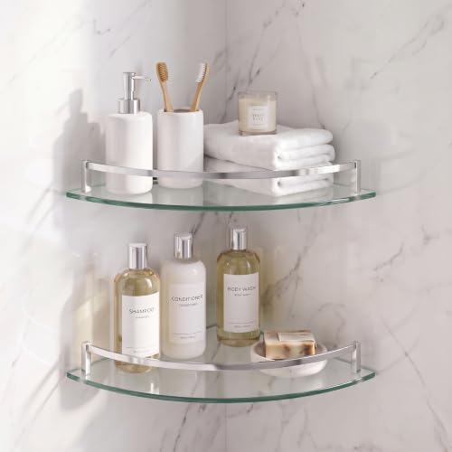 Gejoy 2 Pack Glass Corner Shower Shelves, Bathroom Corner Shelf, 9.25 Inch