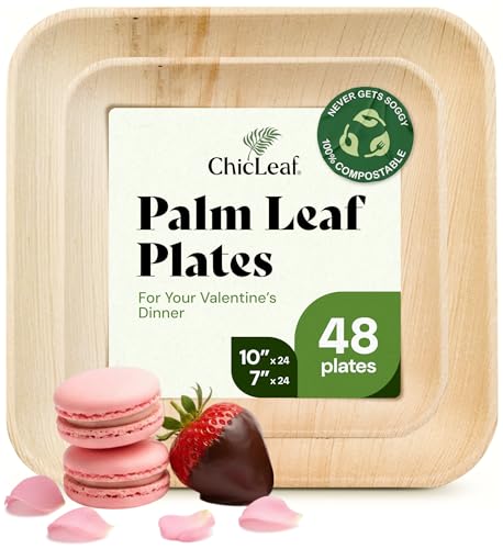 Chic Leaf Compostable & Biodegradable Palm Leaf Disposable Bamboo Plates - Disposable Party Plates for Appetizers - Valentine's Romantic Dinner Table, Reusable Supplies (10 & 7 Inch Square)