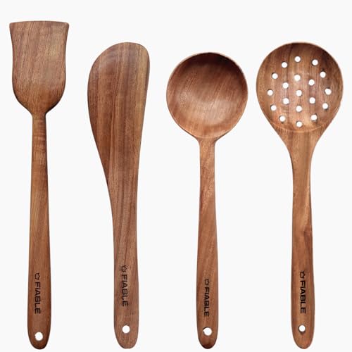 Image of FiABLE Pure Neem Wood Spatula Set for Cooking, Frying & Serving | No Polish | Naturally Antimicrobial & Non Stick - Flip & Cook Set of 4