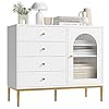 finetones White Dresser for Bedroom, Modern Dresser Wood Dresser with Waveform Glass Door and Gold Metal Legs, White and Gold Dresser Storage Chest of Drawers for Bedroom Living Room Hallway Entryway