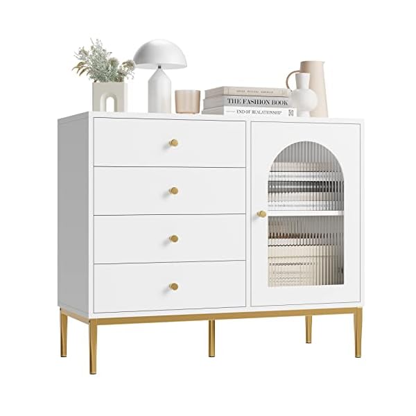 finetones White Dresser for Bedroom, Modern Dresser Wood Dresser with Waveform Glass Door and Gold Metal Legs, White and Gold Dresser Storage Chest of Drawers for Bedroom Living Room Hallway Entryway