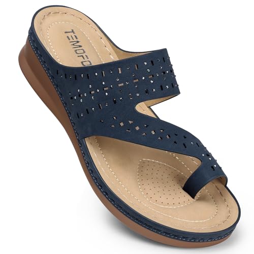 TEMOFON Women Summer Flip Flops: Comfortable Wedge Sandals - Dressy Casual Slip on Sandals - Navy Blue Orthopedic Walking Sandals Size 9