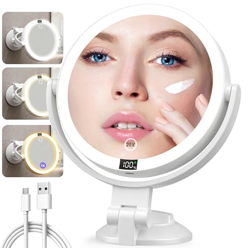 Shinowa Miroir de Maquillage avec Lumières, Miroir Grossissant 20× Mural Éclairé Coiffeuse Double Face avec 3 Couleurs de Lumière et Réglage de la Luminosité, Rotation à 360° Rechargeable