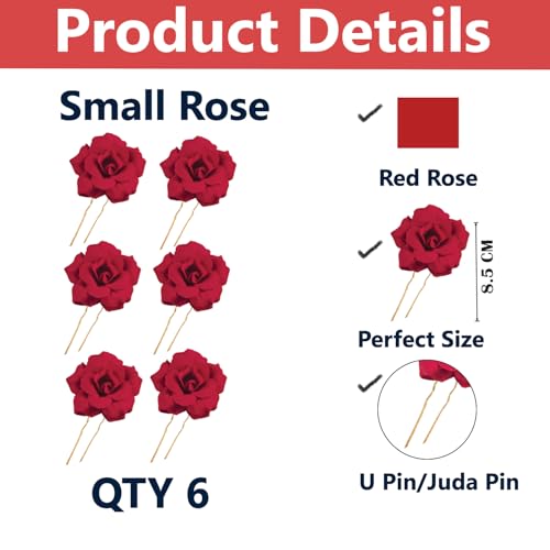 Image of TEMPERIA (6pcs) Hair Accessories For Women & Girls - Bridal Brooch & Braid for Hairstyle of Bride, Wedding & Party - Stylish Red Rose Artificial Flowers Bun Juda U Pins & Clips for Style & Decoration