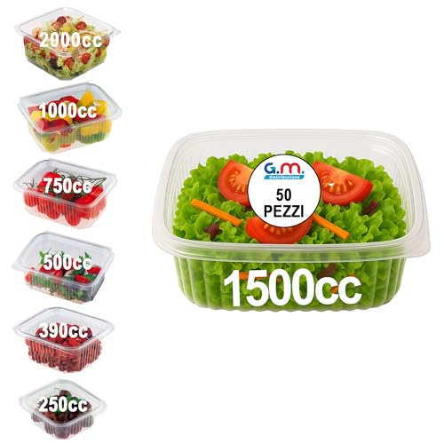 📦 【Ricevi 50 vaschette quadrate con coperchio attaccato】 Contenitori trasparenti da 1500 cc pensati per gastronomia, asporto e organizzazione dei pasti pronti