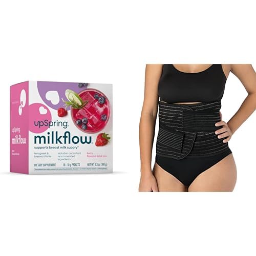 UpSpring Milkflow Lactation Supplement Drink Mix – Milk Lactation Supplement, Berry Flavor, 18 Servings + Shrinkx Belly Postpartum Belly Wrap, Adjustable Postpartum Belly Band to Support, S/M