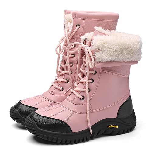 Pangolin Botines De Invierno Para Mujer, Botines De Caña Media Con Cordones Y Forro De Pelo De Moda, Botines Impermeables Cálidos Antideslizantes Para Exterior En Climas Fríos Rosa 37 EU